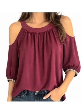 Trina Turk  Burgundy Sicily Cold Shoulder Blouse Rhinestone Sleeves Size Xl